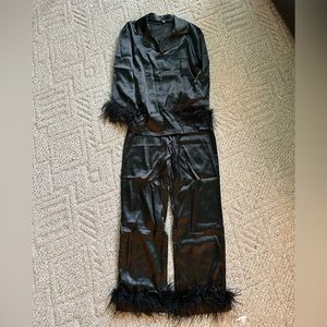 Black satin pj’s with feather trim